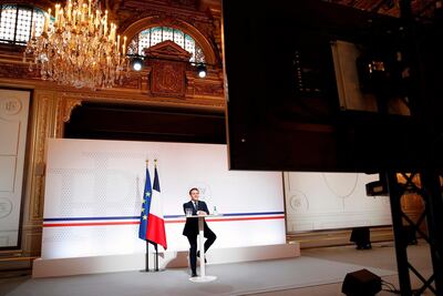 President Macron attended the virtual Davos summit by video link from the Elysee Palace in Paris. AFP.