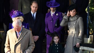 From left: Britain's Prince Charles, Prince of Wales, Britain's Prince William, Duke of Cambridge, Britain's Princess Anne, Princess Royal, Britain's Princess Charlotte of Cambridge and Britain's Catherine, Duchess of Cambridge, leave after the Royal Family's traditional Christmas Day service at St Mary Magdalene Church. AFP