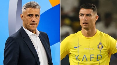 Hernan Crespo, left, takes Al Ain to Riyadh to face Cristiano Ronaldo and Al Nassr in the Asian Champions League quarter-final second leg. photos: AFP