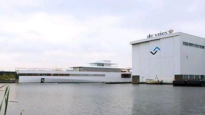 The superyacht ordered by Apple's late co-founder Steve Jobs docked at the De Vries shipyard in Aalsmeer, the Netherlands. Charles Onians / AFP