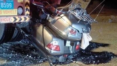 An Emirati motorcycle rider was killed when he crashed into a lorry on Sheikh Zayed Road on Saturday. Courtesy UAQ Police