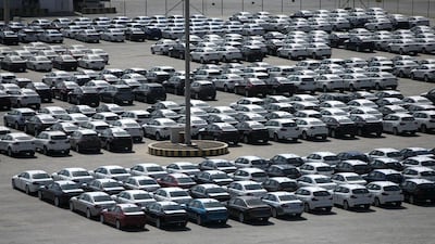 Brand new cars sit lined up at the Abu Dhabi’s Port Zayed. Silvia Razgova / The National
