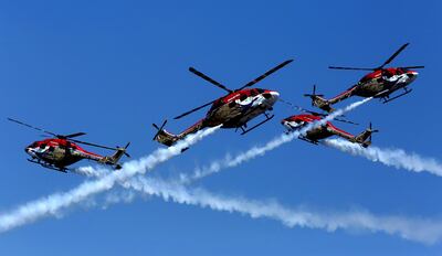 Indian Air Force Advance Light Helicopter team Sarang at the Aero India 2019 in Bangalore, India. EPA