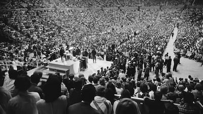 The Beatles perform at the Seattle Centre Coliseum in Seattle, Washington, during their US tour, 24th August 1964. William Lovelace / Express / Getty Images