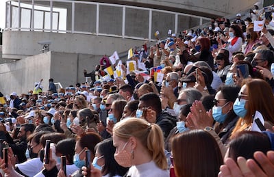 Worshippers attending an open-air mass led by Pope Francis on the island of Cyprus. AFP