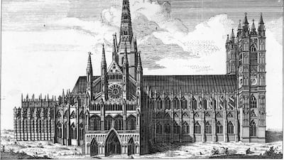 Westminster Abbey in 1740 with the new towers and spires as designed by Christopher Wren and built by Nicholas Hawksmoor