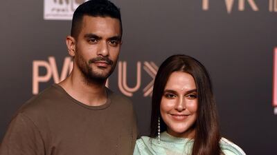 Bollywood actors Angad Bedi, left, and Neha Dhupia attend the premiere of Hindi film 'Bharat' in Mumbai on June 4, 2019. AFP
