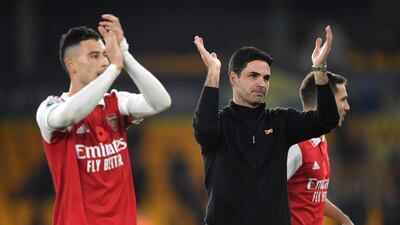 Arsenal coach Mikel Arteta applauds fans following the victory over Wolves on November 13, their last Premier League outing. Getty