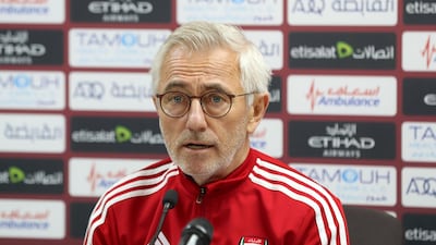 UAE manager Bert van Marwijk speaks to the media before the 2022 World Cup qualifier against Indonesia. Chris Whiteoak / The National