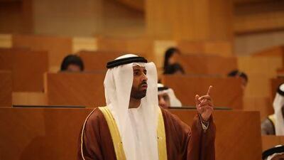 Dr Mohamed bin Ham, an FNC member from Abu Dhabi, questions Obaid Al Tayer, the Minister of State for Finance, on the delay in enacting the pension law that would benefit the Emiratis. Fatima Al Marzooqi / The National
