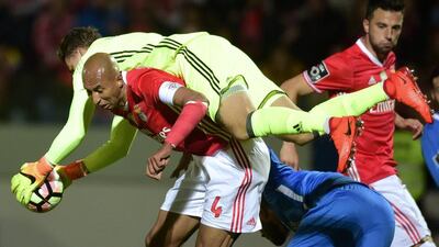 Luisao in the thick of the action during Benfica's Portuguese Primera Liga match with Feirense on Saturday. Miguel Riopa / AFP