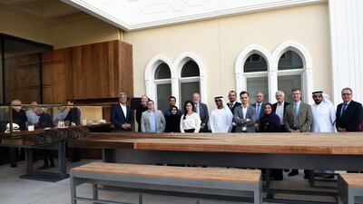 November 29, 2016 - Sheikh Saqer K. Al Qassimi, Corporate Development Director, GIBCA; Dr. Björn Kjerfve, Chancellor of American University of Sharjah (AUS); and senior officials from AUS and GIBCA, with faculty members and alumni of the AUS College of Architecture, Art and Design (CAAD) at the opening ceremony. Courtesy AUS