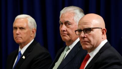 U.S. Vice President Mike Pence (L), Secretary of State Rex Tillerson (C)and U.S. National Security Adviser H.R. McMaster (R) listen as U.S. President Donald Trump meets with Ukraine President Petro Poroshenko during the U.N. General Assembly in New York, U.S., September 21, 2017. REUTERS/Kevin Lamarque