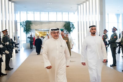 Sheikh Saif bin Zayed, Deputy Prime Minister and Minister of Interior, receives Bahrain Crown Prince Salman bin Hamad Al Khalifa at the Presidential Airport in Abu Dhabi. Photo: UAE Presidential Court