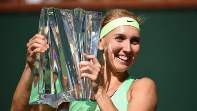 Elena Vesnina of Russia holds the BNP Paribas Open trophy after her three-set victory against Svetlana Kuznetsova of Russia in the women's final at Indian Wells Tennis Garden on March 19, 2017 in Indian Wells, California. Kevork Djansezian / Getty Images