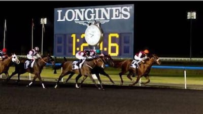 Busker, ridden by Arie De Vries, far right, was the most convincing of three wins for the jockey. Razan Alzayani / The National