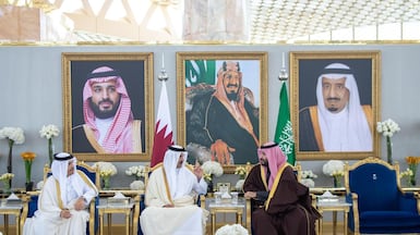 Crown Prince Mohammed bin Salman holds talks with Qatar's Emir Sheikh Tamim, centre, and Sheikh Mohammed bin Abdulrahman. @spagov / X