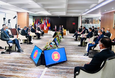Myanmar's Commander-in-Chief, Senior General Min Aung Hlaing, bottom right, and Asean leaders convene during their meeting in Jakarta this week. AP Photo