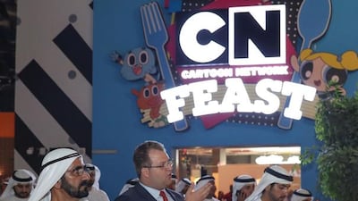 Sheikh Mohammed and Sheikh Hamdan are briefed on the 230,000 square-feet Cartoon Network themed zone which features the largest cartoon characters shop in the world and the first 5D cinema in the region.