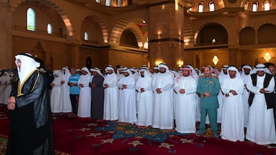 Sheikh Mohammed bin Hamad Al Sharqi, Crown Prince of Fujairah, prays for rain at Sheikh Zayed Mosque. Wam