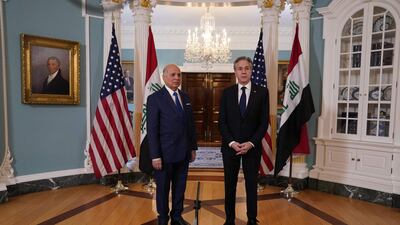 US Secretary of State Antony Blinken, right, meets Iraqi Foreign Minister Fuad Hussein at the State Department in Washington. AFP