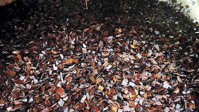 Bakhoor chips being mixed with essential oils at the Swiss Arabian perfume factory in Sharjah.
