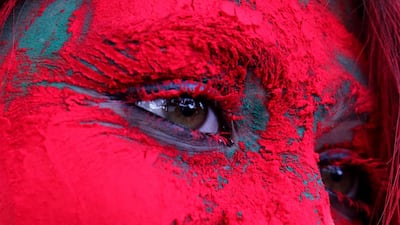 Indian college girls take part in the Holi festival celebrations in Bhopal, India, 28 Feburary 2018: Holi is celebrated on the full moon day and marks the beginning of the spring season. EPA