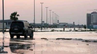 Flooded roads near the Dubai Investment Park in Dubai.