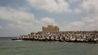 Cement barriers reinforce the sea wall near the citadel in Alexandria, Egypt, where it is feared the Storm of Qassem will cause havoc this weekend. AP Photo