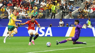 Egypt's Omar Marmoush misses a chance to score against Australia. Reuters