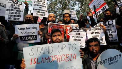 Demonstrators in New Delhi in 2021 during a protest against hate speech against Muslims by Hindu leaders. Reuters