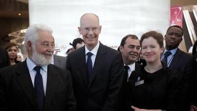 The Expo 2020 Committee chairman Steen Christiansen, centre, tours Zayed University in Abu Dhabi. Sammy Dallal / The National