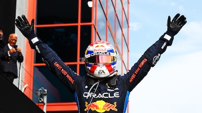 Race winner Max Verstappen of Red Bull celebrates after winning the race. Getty Images
