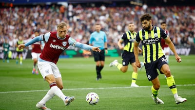 West Ham's Jarrod Bowen that his turned into his own net by Manchester City defender Ruben Dias. Reuters