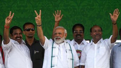 Indian Prime Minister Narendra Modi gestures during a National Democratic Alliance rally in Chennai. AFP