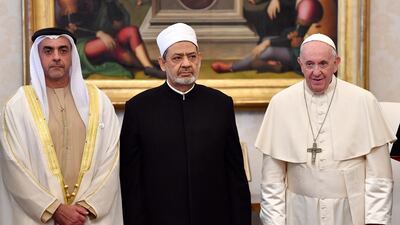 Pope Francis, right, stands with Grand Sheik Ahmed al-Tayeb, the head of Al-Azhar, the Sunni Muslim world's premier Islamic institution, centre, and UAE Interior Minister Sheikh Saif bin Zayed, on the occasion of their private audience at the Vatican. AP