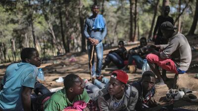 Sub-Saharan migrants aiming to cross to Europe take shelter in a forest overlooking the neighborhood of Masnana, on the outskirts of Tangier, Morocco. AP/Mosa'ab Elshamy
