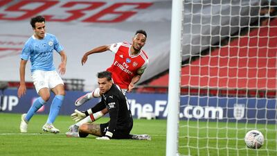 Arsenal's Pierre-Emerick Aubameyang scores his team's second goal. AP