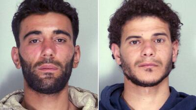 An composite handout photo from Italian police of Mohammed Ali Malek, left, and Mahmud Bikhit who have been arrested on suspicion of being responsible for causing the loss of about 800 lives when a migrant ship capsized off the Libya coast on Sunday. There were only 27 survivors, including the two men. Italian police handout/EPA