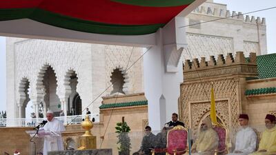Pope Francis, left, delivers a speech as King Mohammed VI of Morocco, third right, listens in Rabat. AFP