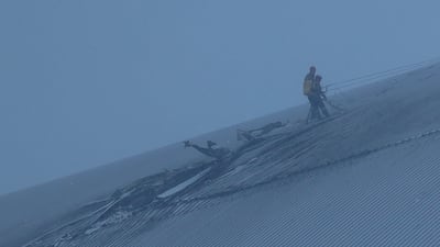 Damage to the containment vessel at the New Safe Confinement (NSC), which protects the remains of reactor 4 of the former Chernobyl Nuclear Power Plant to contain radiation, following a drone attack, in Chernobyl, on February 14, 2025, amid the Russian invasion of Ukraine. AFP