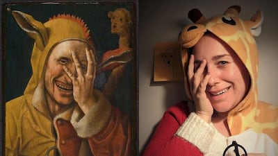 Tiffanie Pierini Ho dresses up in giraffe onesie and Christmas sweater to recreate the work 'Laughing Fool', attributed to Jacob Cornelisz van Oostsanen. Courtesy The Getty Museum / Tiffanie Pierini Ho
