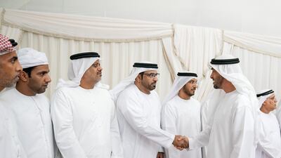 Sheikh Mohamed bin Zayed, Crown Prince of Abu Dhabi and Deputy Supreme Commander of the UAE Armed Forces, offers condolences for martyr Warrant Officer Zayed Mosalam Suhail Al Amri. Mohamed Al Hammadi / Ministry of Presidential Affairs