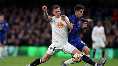 Sven Botman challenges Kai Havertz during the Champions League match between Chelsea and Lille. AP