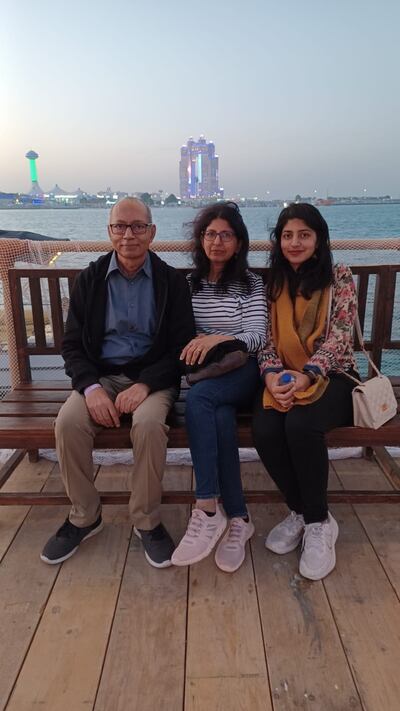 The writer, right, with her parents at the Maritime Heritage Festival in Abu Dhabi. Zoya Thomas / The National