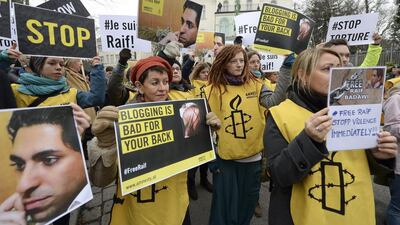 A protest in front of the Saudi Embassy in Vienna on January 16, against the flogging of Saudi blogger Raif Badawi. EPA
