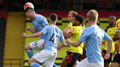 Manchester City's Aymeric Laporte scores his team's fourth. AFP