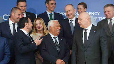 European Council President Antonio Costa, centre, chats with Lebanese President Joseph Aoun, right, and other leaders. EPA