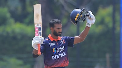 Aasif Sheikh after reaching a century for Nepal in their ACC Premier Cup final win over the UAE