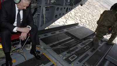 US defence secretary James Mattis arriving by helicopter at Resolute Support headquarters in the Afghan capital Kabul on April 24, 2017 for an unannounced visit. Jonathan Ernst/AFP